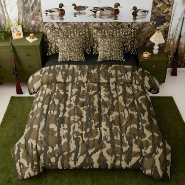 Imagem de Jogo de cama camuflado infantil de 7 peças, tamanho casal, camuflado, estilo militar, inclui edredom, conjunto de lençol, fronhas e fronhas, respirável, macio, verde militar, decoração de quarto