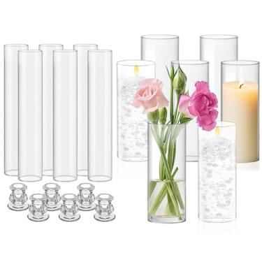 Imagem de Teenyyou Conjunto de 6 castiçais de vidro Hurricane de 30 cm em formato de tubo sem fundo de 5,6 cm e vaso de vidro de 8 cm para mesa de festa de casamento