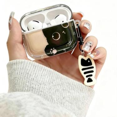 Imagem de LALAPOPO Capa de gato preto com desenho fofo para AirPods Pro com chaveiro de peixe, capa protetora transparente compatível com AirPods Pro para meninas e meninos