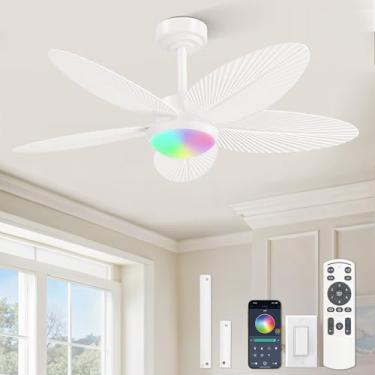 Imagem de Fanbulous Ventiladores de teto tropicais com luzes e controle remoto/aplicativo, ventilador de teto de folha de palmeira de 106 cm com luz regulável RGB, ventilador de teto moderno silencioso para