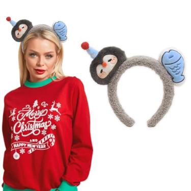 Imagem de Ncozwo Faixa de cabeça de pinguim de Natal fofa engraçada de pelúcia pinguim pequeno peixe argola maquiagem tiara fofa para lavar o rosto acessório de festa de Natal adereço de foto (1 peça)