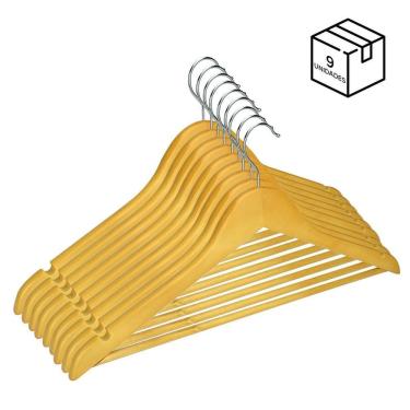Imagem de Kit 9 Cabides Madeira Adulto Gancho Metal | Alta Qualidade | Organização