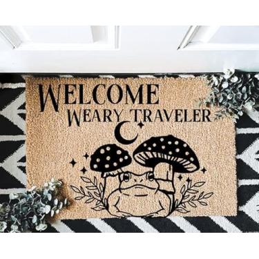 Imagem de Welcome Weary Traveler Cottage Fairy Core Toad & Cogumelo Capacho com folhas engraçado, presentes de inauguração de casa, tapete de boas-vindas 40 x 61 cm