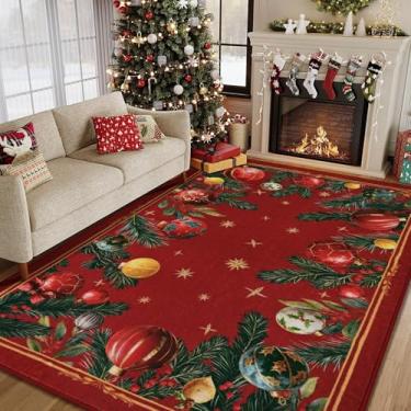 Imagem de FRAMICS Tapete para área de Natal, 12 x 18 cm, bolas de Natal, tapete lavável de pinheiro, vermelho, antiderrapante, macio, de lã sintética para quarto de bebê, sala de jantar, escritório