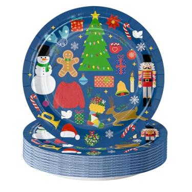 Imagem de WRAPAHOLIC 25 peças de pratos de papel de Natal – pratos descartáveis azuis de 23 cm para festas de Natal, utensílios de mesa, decoração de mesa