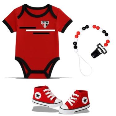 Imagem de Conjunto SPFC Bebê – Body 100% Algodão + Tênis Botinha e Clip de Chupeta – Roupinha de Torcedor Infantil Confortável de 8-12 MESES
