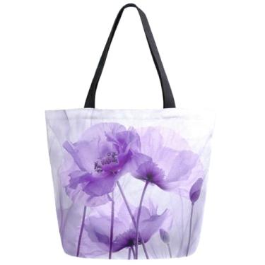 Imagem de ZzWwR Sacola feminina extragrande de lona para supermercado, linda arte, flores de papoula roxa, durável, bolsa de alça diária para academia, ioga, fim de semana, piquenique, praia, viagem, cozinha