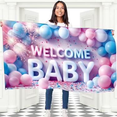 Imagem de Faixa Welcome Baby - Banner para meninos ou meninas 1,5 x 0,9 m - Decorações de bebê em flor - Ele ou ela para chá de bebê ou festa de revelação de gênero