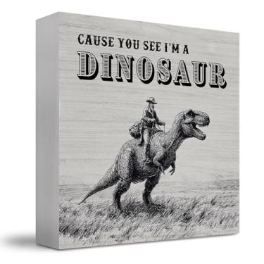 Imagem de JUIOEIU Placa de madeira vintage engraçada de dinossauro, presentes de dinossauro para mulheres, adultos e crianças, Cause You See I'm a Dino Wood Block Box para casa, quarto, escritório, mesa