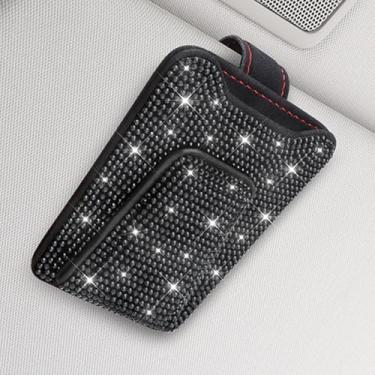 Imagem de Sparkling Rhinestone Car Visor Sunglasses Holder Clip with Red Stitching,Easy-Install Accessory for Women & Men,Secure & Stylish Glasses Organizer