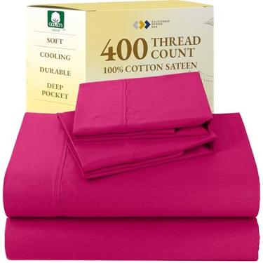Imagem de California Design Den Lençóis de casal 100% algodão natural - cetim de 400 fios, bolsos profundos com roupa de cama elástica, macia, fresca e durável - rosa choque