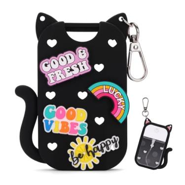 Imagem de AGIFTMIND Suporte de silicone compatível com spray desinfetante para as mãos Touchland 30 ml, capa protetora de orelha de gato fofo com chaveiro e 4 pingentes decorativos, Preto, 1 Ounces