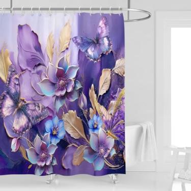 Imagem de Kikiry Cortina de chuveiro borboleta roxa 152 cm L x 182 cm C flor floral dourada linda planta de lavanda linda casa de fazenda rústica retrô mulher menina banheiro tecido poliéster pacote com 12