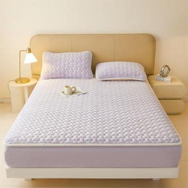 Imagem de Capa de colchão, acolchoado, de lã grossa, luxuosa, protetor de colchão de flanela de veludo, antiderrapante, cobertura total com elástico, macio, fofo, tamanho Queen, fácil de cuidar, roxo, 120 x 200