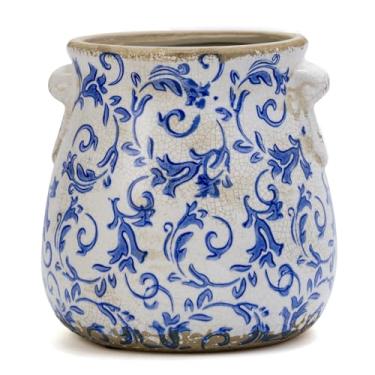Imagem de Vaso de flores vintage de cerâmica azul com orifícios de drenagem e alça, vasos rústicos rústicos para interior e exterior, decoração toscana, casa, sala de estar, decoração de jardim, presente de