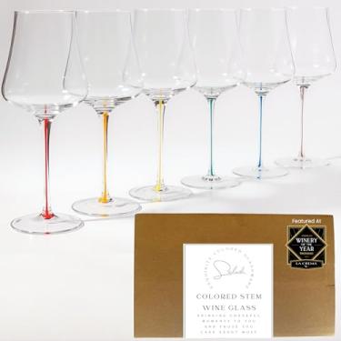Imagem de Saludi Taças de vinho com haste colorida tulipa - Conjunto de 6 hastes de cores mistas que não lascam - Tigela de tulipa universal para vinho tinto e branco - Pode ser lavada na lava-louças - Pronto