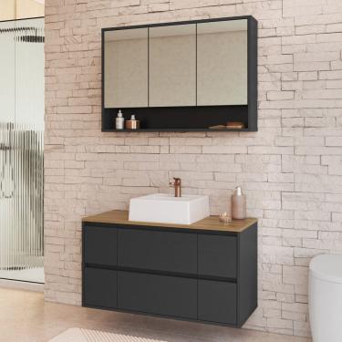 Imagem de Conjunto para Banheiro Gabinete Suspenso 88,4 com Cuba e Espelheira Berlin Grafite