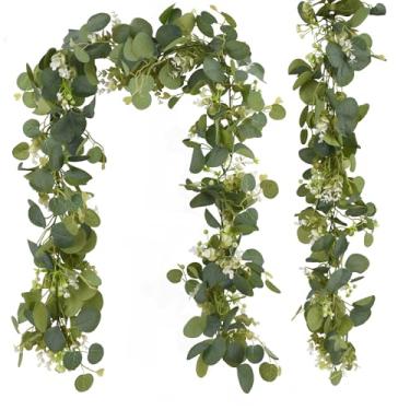 Imagem de HAIOPS Guirlandas artificiais de flores de eucalipto, 2 peças, 2 peças, trepadeiras falsas de eucalipto, guirlanda de vegetação sintética com flores, decoração de casamento em casa