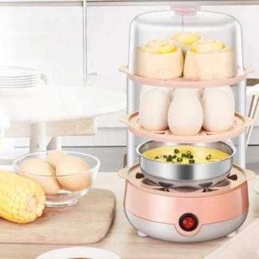 Imagem de Cozedor Elétrico de Ovos Multifuncional a Vapor 110V/220V – Cozinha até 7, 14 ou 21 Ovos – Rápido, Automático e Portátil para Omeletes e Legumes(Rosa3,110v)