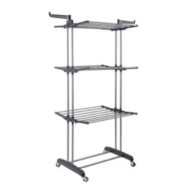Imagem de Multi Varal de Chão Dobrável, 3 Andares com Cabideiro, Cinza, Aço e ABS, 170x70x65cm, Rodízios 360°, Capacidade 48kg, 6 Prateleiras Reguláveis