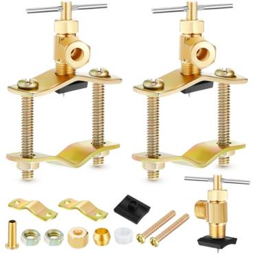 Imagem de 2 peças de válvula de sela autoperfurante de latão válvula de rosca de linha de água válvula de tubo de água de cobre com saída de compressão de 1/4 polegada para ferramentas de melhoria da casa, adequado para tubos de 3/8 a 1-5/16 polegada