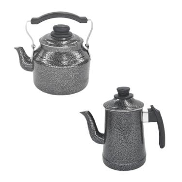 Imagem de Kit chaleira n.14 com tala (alça) e bule n.04 em alumínio na cor cinza craqueado.
