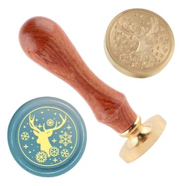 Imagem de Carimbo de lacre de cera de Natal, alce, latão e cabo de madeira, cabeça para cartões de Natal, convites, cartas, envelopes, cartões de felicitações, presentes