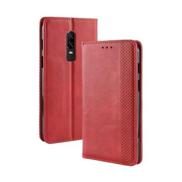 Imagem de Capa para OnePlus 6,Retro Flip magnético,Caso de telefone de couro PU,Design de carteira com 3 slots de cartão e 1 clipe de dinheiro -Red