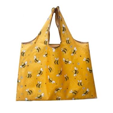 Imagem de Sacola de compras reutilizável com estampa fofa, bolsa de compras dobrável à prova d'água, amarela com design preto, lavável na máquina