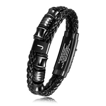 Imagem de INFUPNET Pulseira de couro para homens, pulseira masculina de letra inicial com fivela de aço inoxidável ajustável, joias masculinas, presente de aniversário de Natal para ele, INITIAL J, Sem Pedra