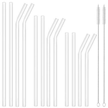 Imagem de OKGD 12 canudos de vidro reutilizáveis – Tamanho 12,2" x 10 mm, 10,5" x 10 mm, incluindo 6 canudos de vidro transparente retos e 6 dobrados com 2 escovas de limpeza para smoothies, batidos, café, suco