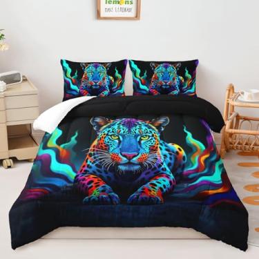 Imagem de AILONEN Conjunto de edredom casal com estampa de leopardo colorido, macio, para crianças e adultos, edredom com tema de animal selvagem com 2 fronhas, todas as estações