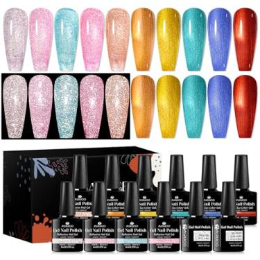 Imagem de MSRUIOO Conjunto de esmalte de gel refletivo com glitter e esmalte de gel metálico com base e top coat kit de manicure para arte de unhas de gel para casa DIY salão de unhas 12 peças x 8 ml