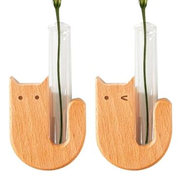 Imagem de Pacote com 2 vasos magnéticos de madeira de faia, ímã de geladeira para gatos, suporte de flores de tubo de ensaio de madeira com desenho de 2,5 cm × 7,5 cm, pequeno vaso de parede em forma de U para