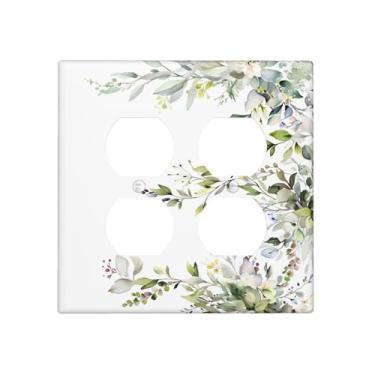 Imagem de VGHOKO Capas de tomada decorativas com folhas de eucalipto de vegetação minimalista e design floral branco, placa de parede de 2 grupos, receptáculo duplex duplo, capa de interruptor de luz para