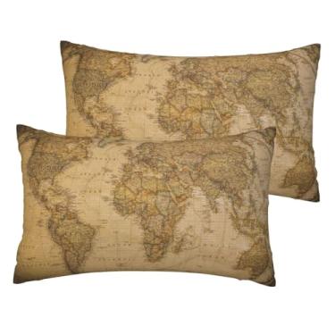 Imagem de VIREOTHIA Conjunto de 2 capas de almofada de lombar com mapa do mundo, 30,5 x 50,8 cm, vintage, decoração, aventura náutica, vela, retangular, capas de almofada para decoração de sofá-cama