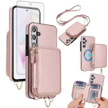Imagem de Capa de telefone para Samsung Galaxy A15 5G/4G carteira com zíper e protetor de tela, alça transversal 2 em 1 magnético destacável MagSafe bloqueio RFID Flip A 15 G5 15A feminino masculino ouro rosa