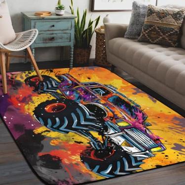 Imagem de Tapete de área para sala de estar, lavável à máquina, caminhão monstro, fogo, antiderrapante, tapete macio, para sala de estar, quarto, sala de jantar, berçário, cozinha, decoração de casa
