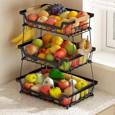 Imagem de Fruteira de Mesa Organizador de Frutas, Cesto de Frutas de 3 Níveis com 2 Ganchos para Bananas para Cozinha, Organizador Metálico Destacável, para Guardar Pão, Legumes e Frutas, com Cabo de Madeira