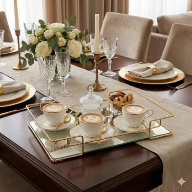 Imagem de Bandeja Retangular Espelhada Decorativa com Alças Dourada 30x20cm Alir