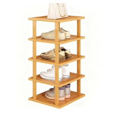 Imagem de SPXMQSS Sapateira de bambu, sapateira vertical para pequenos espaços, sapateira de pé livre para armário, entrada, canto, garagem e quarto, empilhável gratuitamente, 5 níveis 25 x 23 x 77 cm
