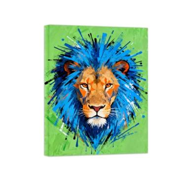 Imagem de Animais Pintura Arte Parede - Leão Azul - Impressões em tela - Moderno Colorida Pôster para decoração sala de estar 50x65cm Tela Embrulhada