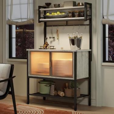 Imagem de Bestier Rack de padeiro com armário de armazenamento, suporte de micro-ondas de 5 níveis com LED, mesa de café de cozinha com 6 ganchos, prateleiras de armazenamento resistentes para cozinha, garagem,