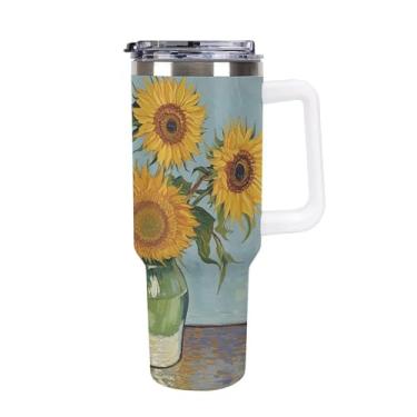 Imagem de 1,134 g Girassóis copo de café copo de café copo Stanley copo de aço inoxidável isolado a vácuo selado para suporte de copo de carro e ao ar livre à prova de vazamento e poeira