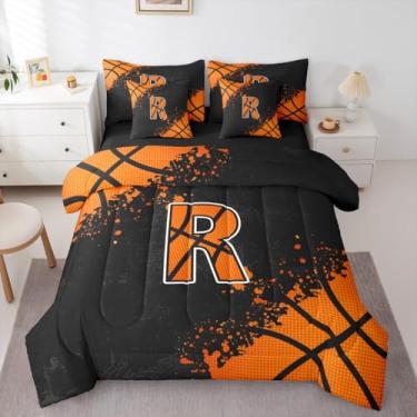 Imagem de Erosebridal Conjunto de edredom de basquete com lençol - monograma R personalizado, para meninos, meninas, tema esportivo, 7 peças, conjunto de cama em um saco, bola e jogos esportivos
