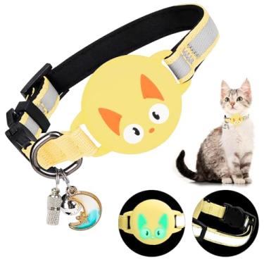 Imagem de Woyinger Coleiras reflexivas para gatos com sinos, rastreador GPS oculto para coleira de gatinho com fivela de segurança AirTag, com etiqueta de nome, à prova d'água para suporte luminoso AirTag