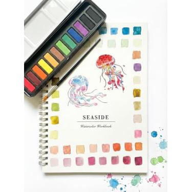Imagem de Livros de exercícios em aquarela à beira-mar para iniciantes, conjunto de tinta aquarela de 12 cores com pincel, kit de pintura em aquarela para iniciantes