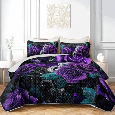 Imagem de QOOMO Conjunto de colcha infantil rosa roxa, estampa de flores 3D, para decoração de quarto de meninos e meninas, conjunto de cama de microfibra leve para todas as estações, 1 conjunto de colcha e 2