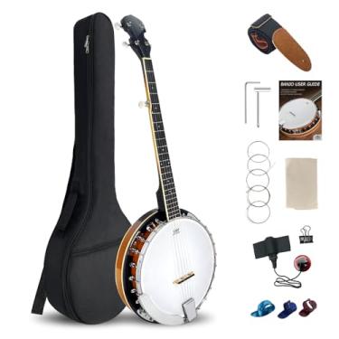 Imagem de ModouString Kit de banjo de 5 cordas com corpo de mogno, 24 suportes | Banjo de tamanho completo fechado nas costas com bolsa, alça, cordas para iniciantes e profissionais