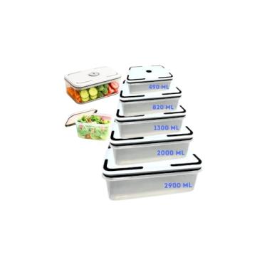 Imagem de Conjunto 5 Potes Herméticos com Tampa e Cesto, Plástico, Transparente com Bege e Verde, Empilháveis, para Armazenamento de Alimentos